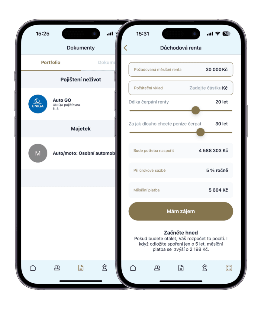 Ukázka mobilní aplikace Profitas Finance pro správu financí klienta.